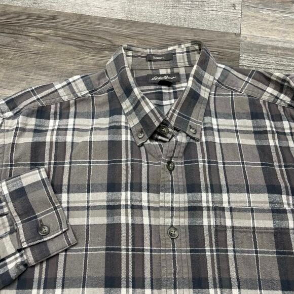 Eddie Bauer Grey Tartan Plaid Mens L Tall Classic Fit Button Down Flannel Shirt - Picture 1 of 8